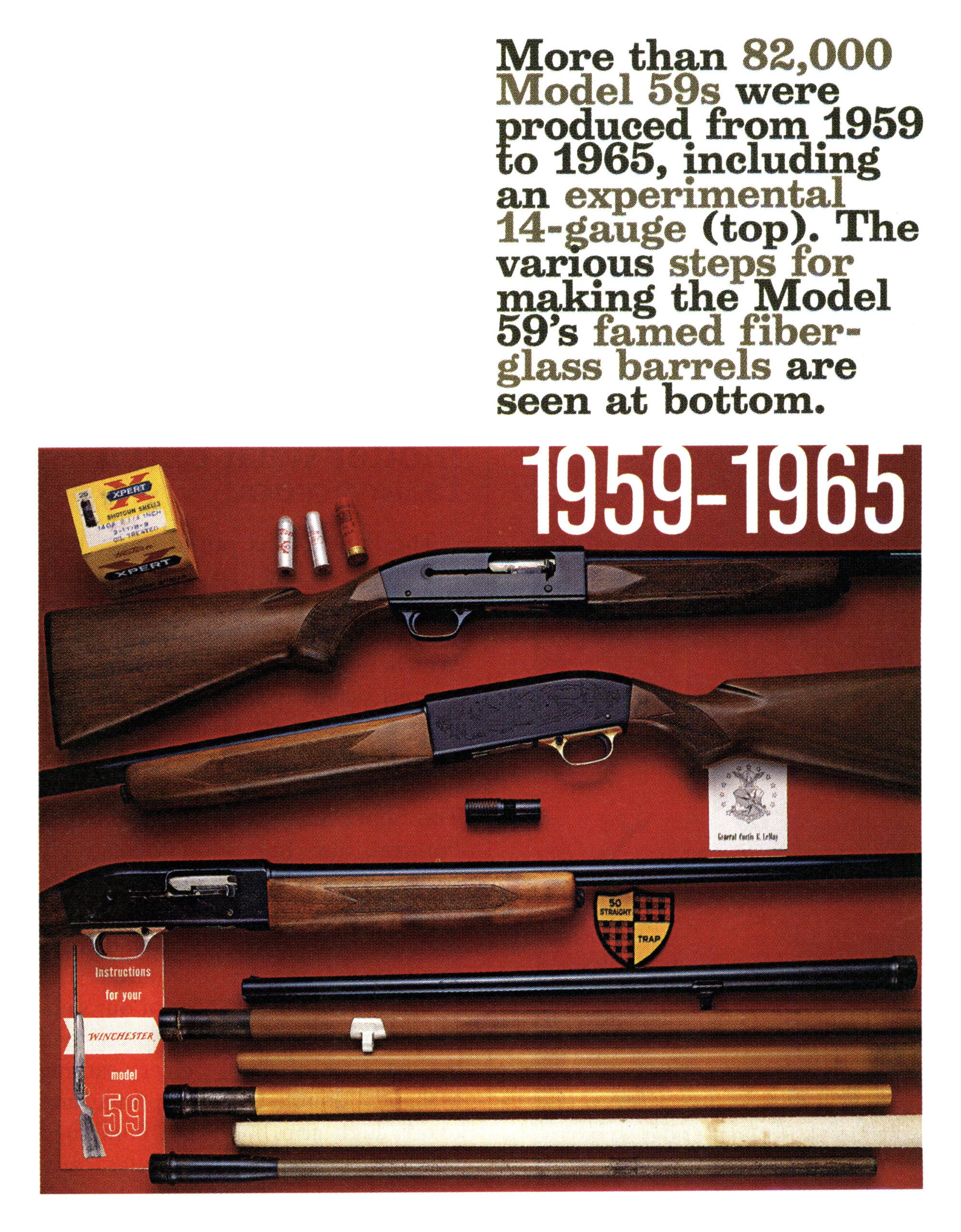 Winchester Model 59 autoloading shotguns on a red background, with a row of barrels below showing the stages of making the gun’s fiberglass-wrapped barrel.