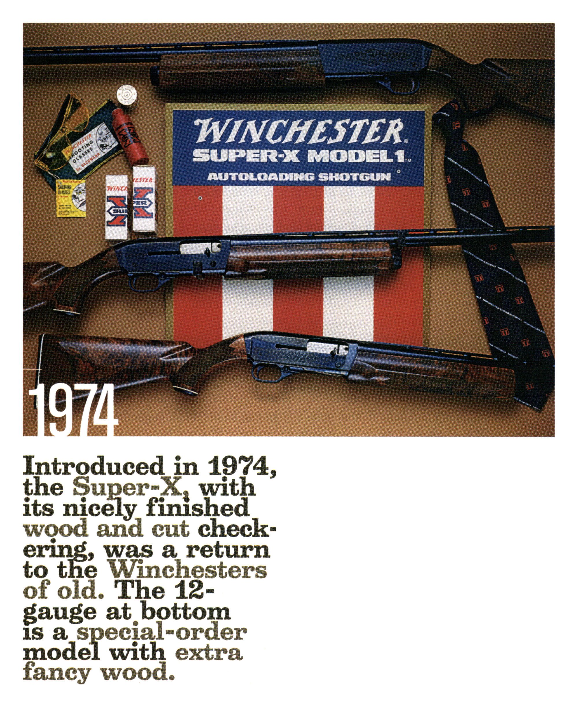 Three Winchester Super-X Model 1 autoloading shotguns with figured walnut stocks arranged around a red, white and blue Winchester Super-X Model 1 display sign.