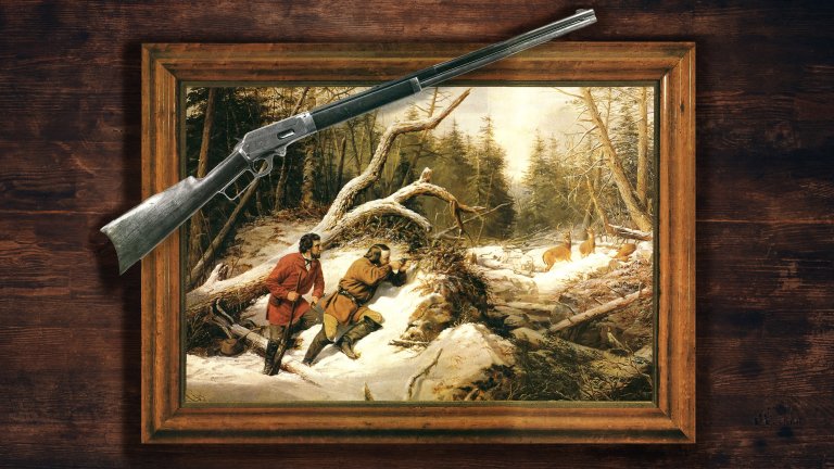 A painting of two hunters and a rifle