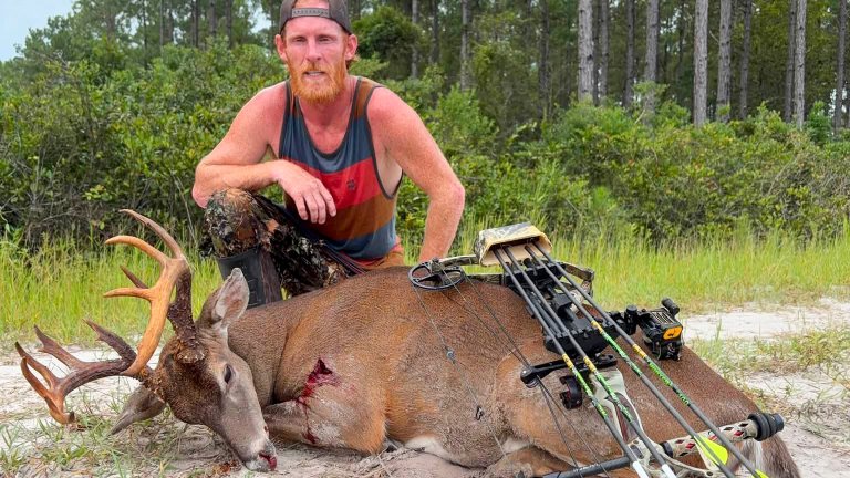 A big florida buck resting in the sand with a tank-top clad hunter behind it.