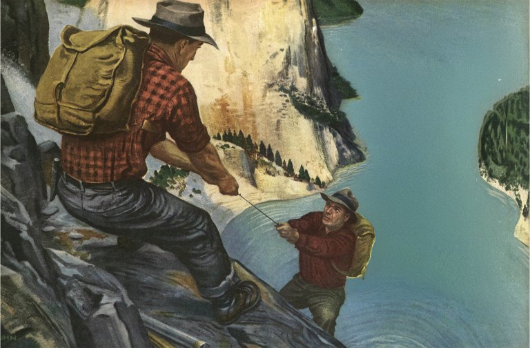 An illustration of a man pulling another angler up a hill.