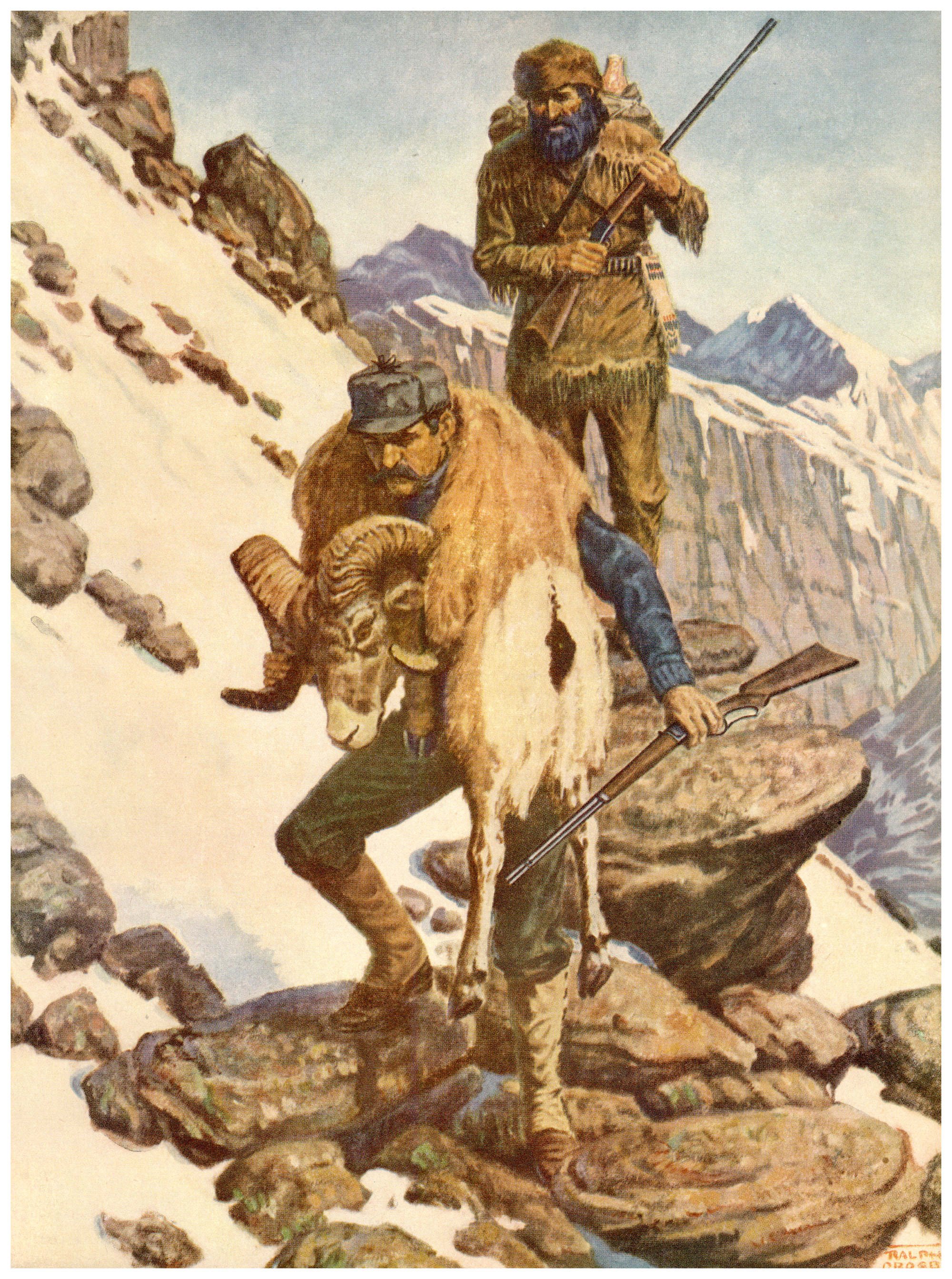 Color illustration of two 19th-century hunters descending a snowy mountain slope, one carrying a bighorn ram across his shoulders, the other shouldering a lever-action rifle.