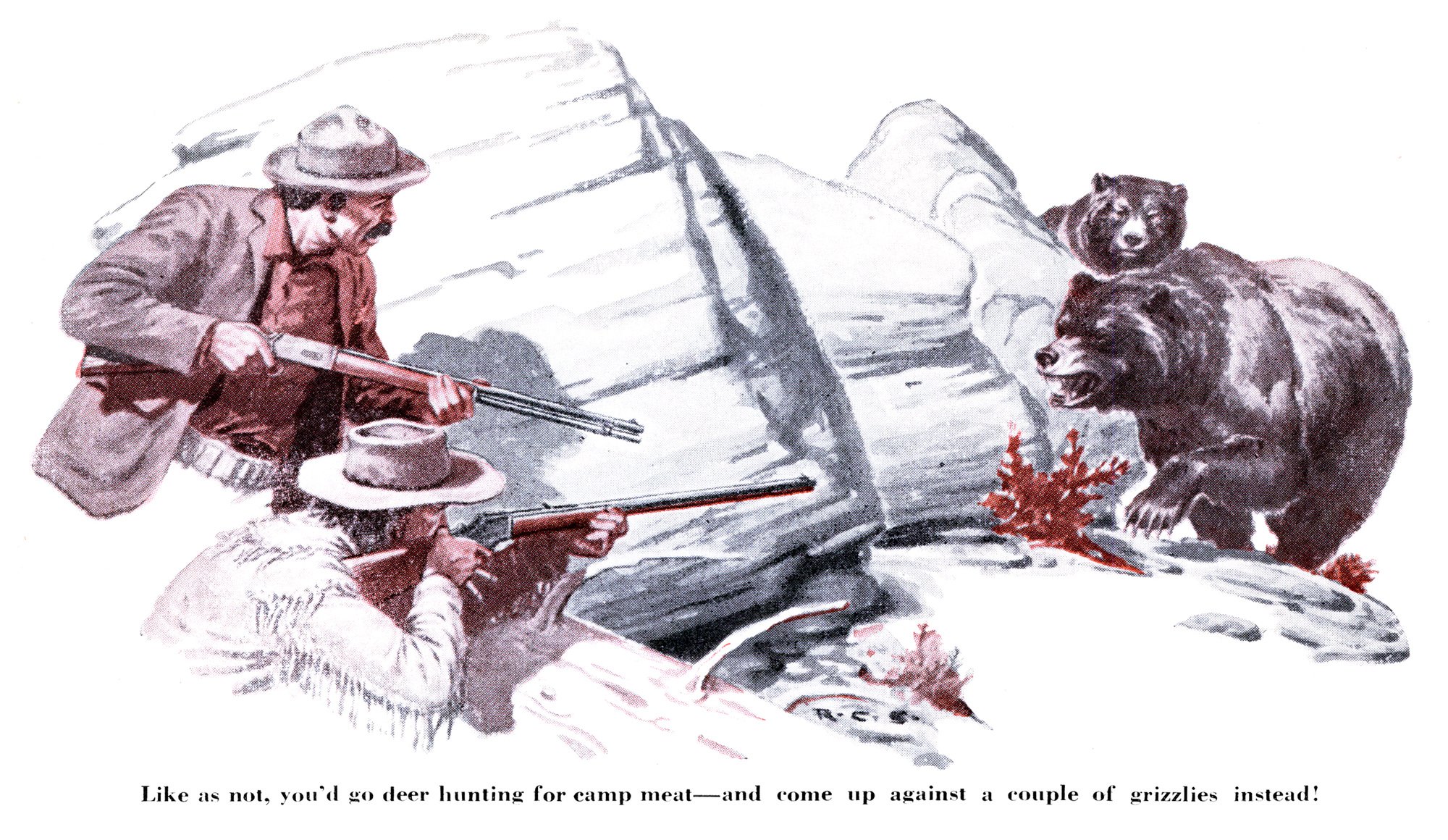 Illustration of two hunters in period clothing crouched behind a boulder with rifles raised as two grizzly bears charge across a snowy slope toward them.