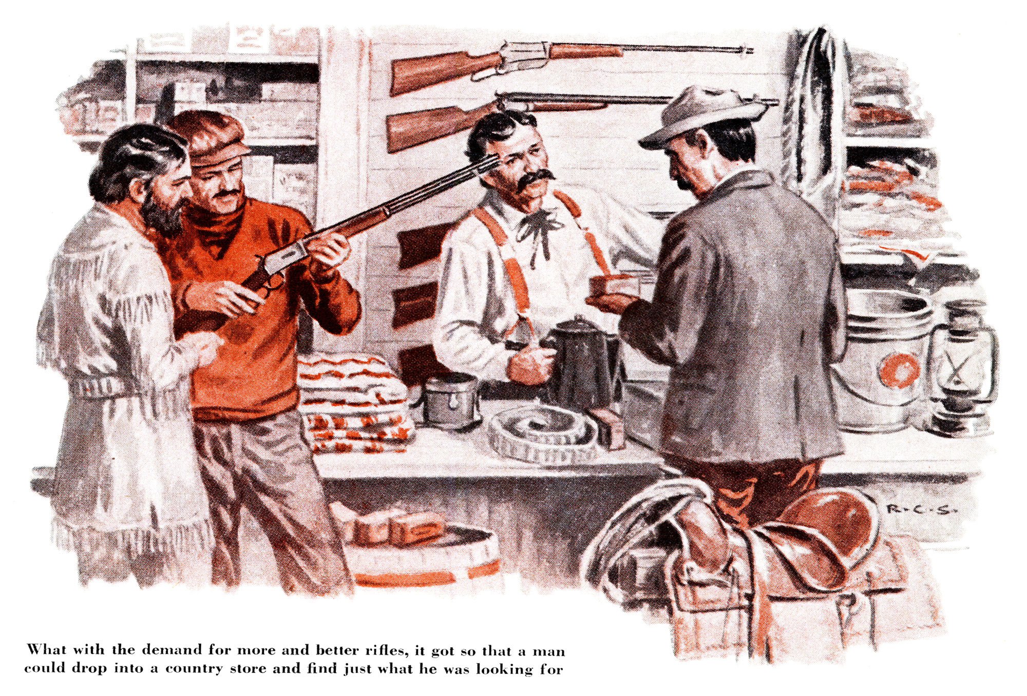 Illustration of a frontier general store where a customer shoulders a lever-action rifle while the storekeeper and two other men look on, rifles racked on the wall behind them.