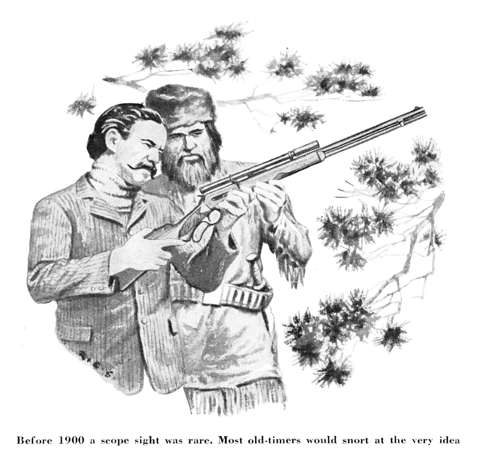 Pen-and-ink illustration of two 19th-century hunters examining a lever-action rifle fitted with a long telescopic sight.