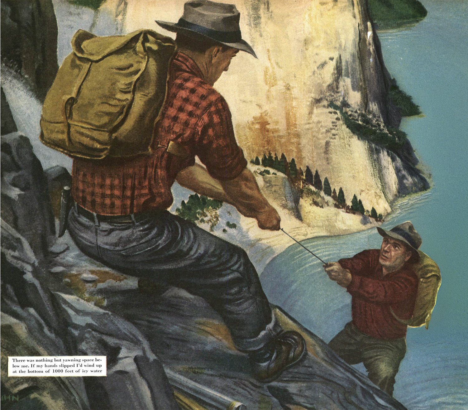 An illustration of a man pulling another angler up a hill.