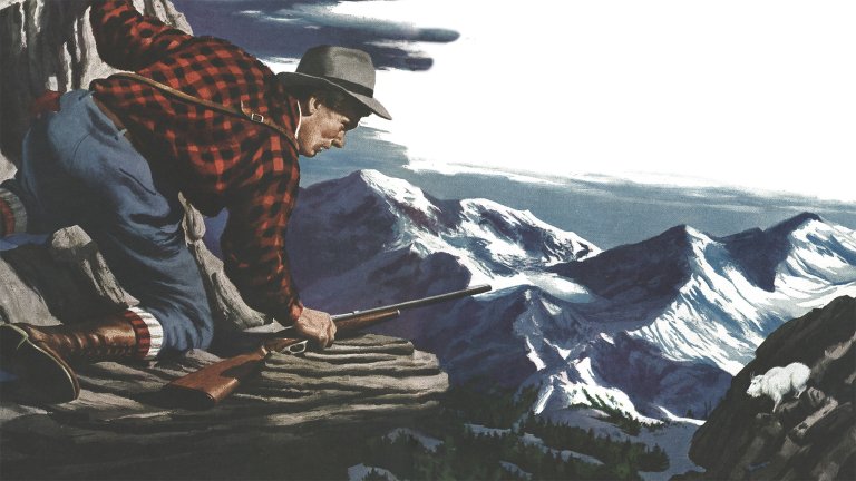 A painting illustration of a hunter in a red-checked shirt sneaking around a mountain with a white mountain goat in the background.