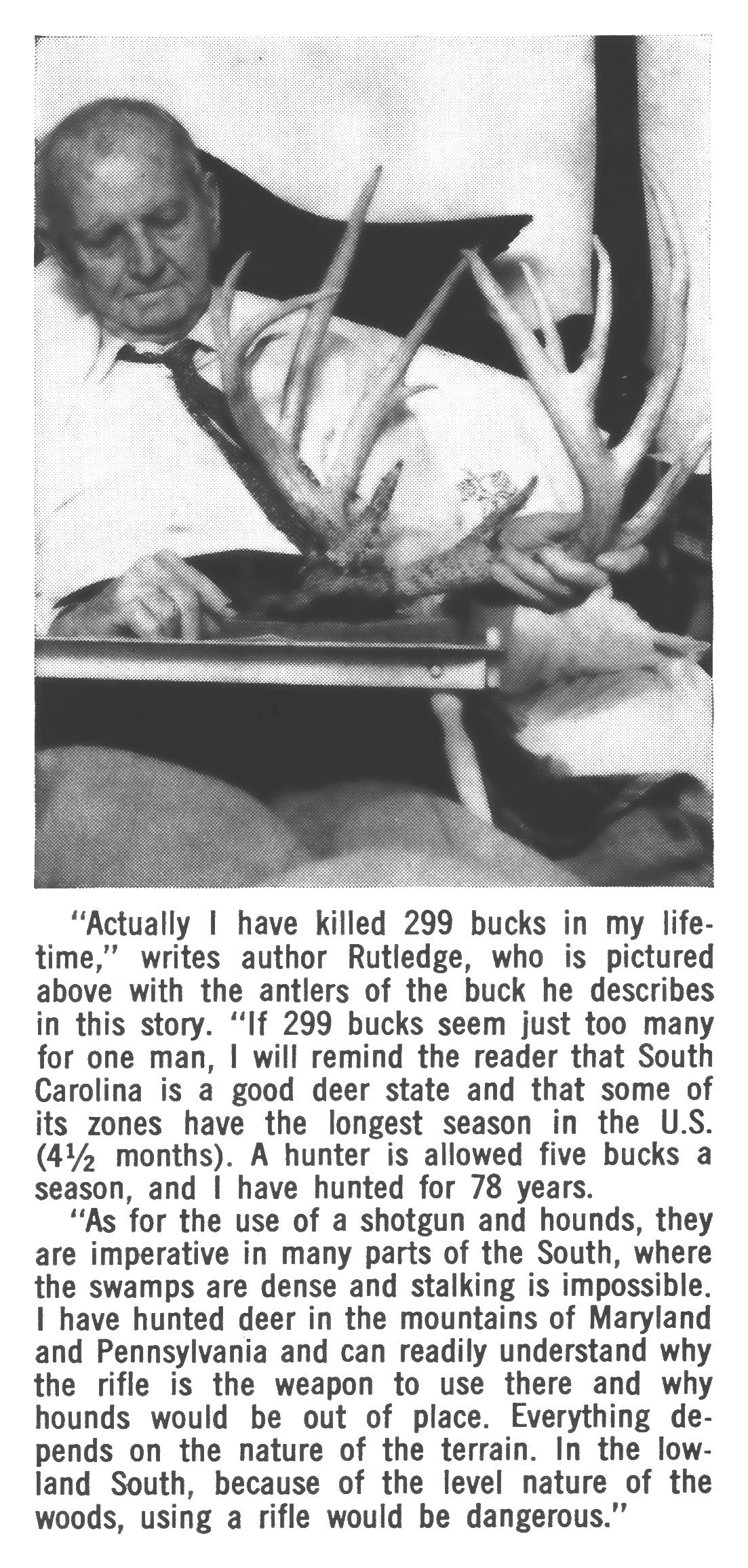 A magazine clipping of archibald rutledge sitting in bed with the rack of a big buck in his hands.