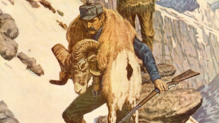 A sheep hunter with a ram over his shoulder.