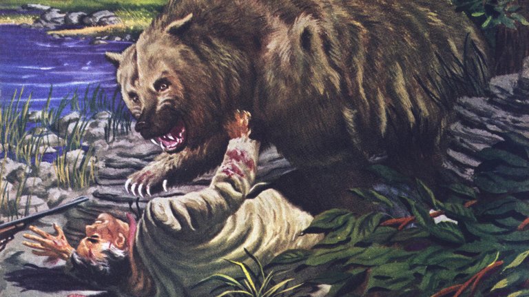 A painting of a brown bear mauling a man on the ground.