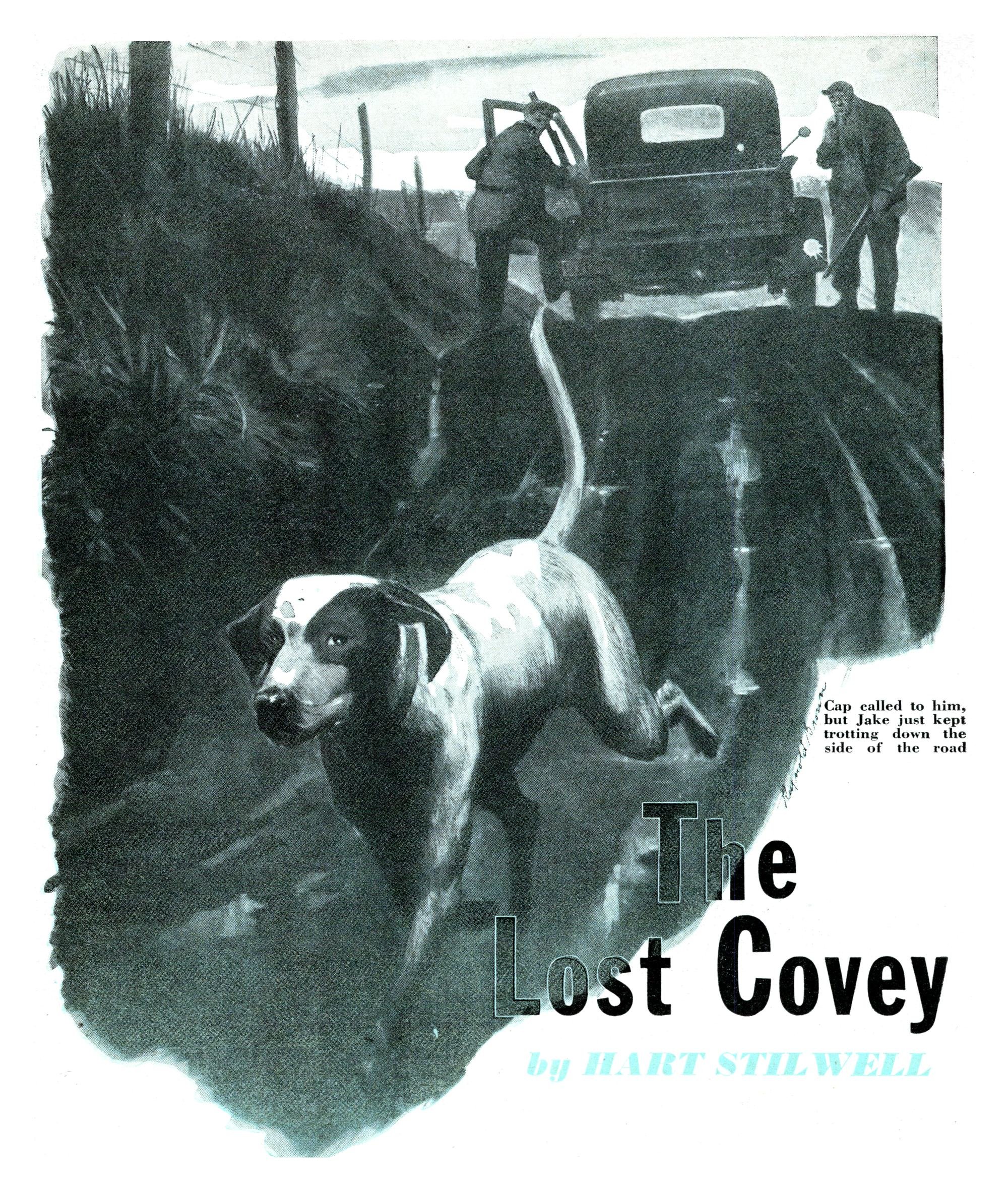 Vintage painted illustration of a white-and-liver pointer trotting toward the viewer down a muddy rural road while two hunters stand behind an old pickup at the top of the hill.