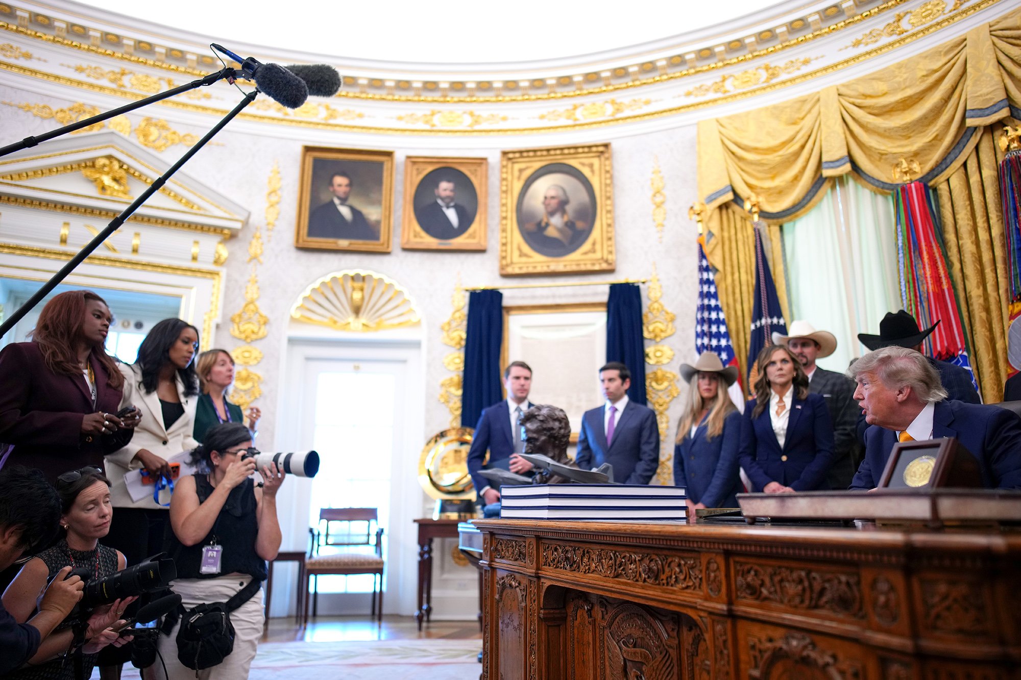 WASHINGTON, DC - SEPTEMBER 04: U.S. President Donald Trump speaks to reporters during an agriculture event in the Oval Office of the White House on September 04, 2026 in Washington, DC. President Trump introduced executive orders to allow cattle ranchers to process and sell their own food and gave ranchers the authority to protect themselves against Mexican gray wolves.