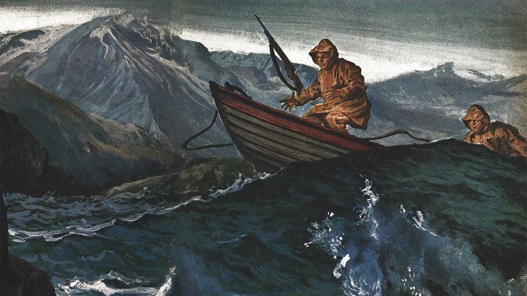 Painted illustration of a hunter in an orange rain slicker losing his rifle as a wave lifts the bow of a wooden dory, with a guide in the water-level foreground and snowy Kodiak Island mountains under a stormy sky.