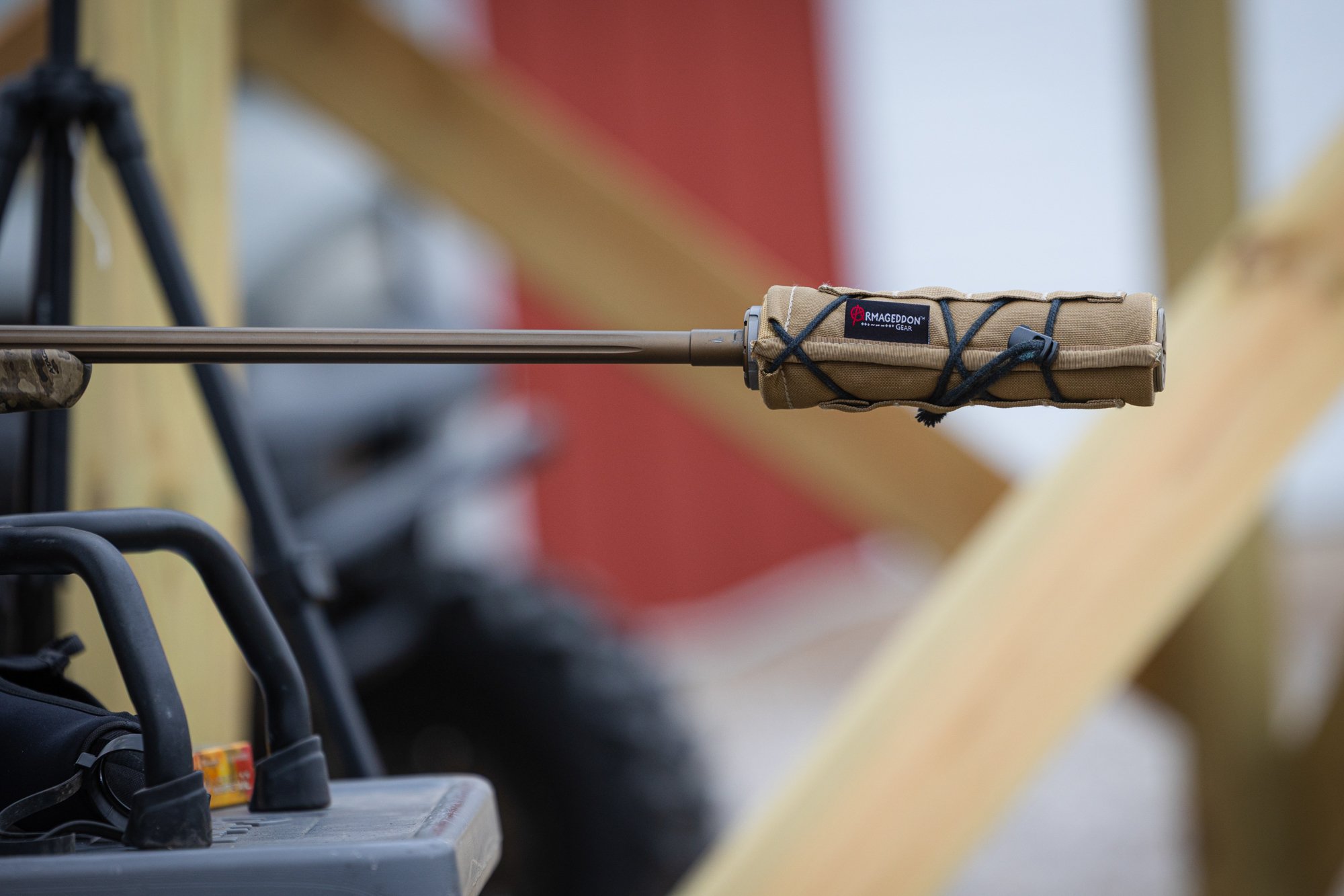 A covered suppressor on a thin barreled rifle.