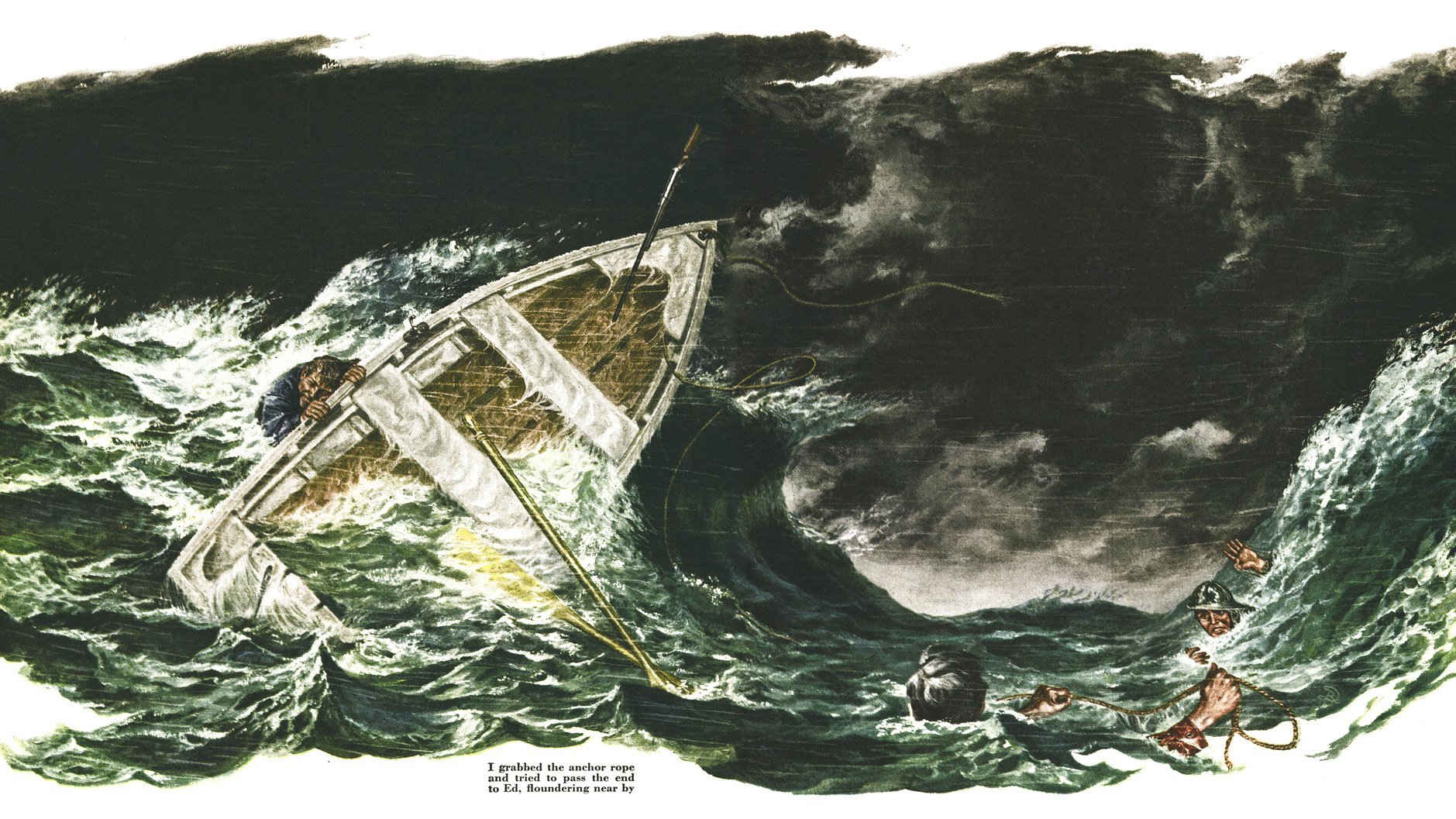 Two-page vintage painting of an overturning skiff in hurricane seas, one hunter clinging to the boat while two others fight the waves holding an anchor rope.