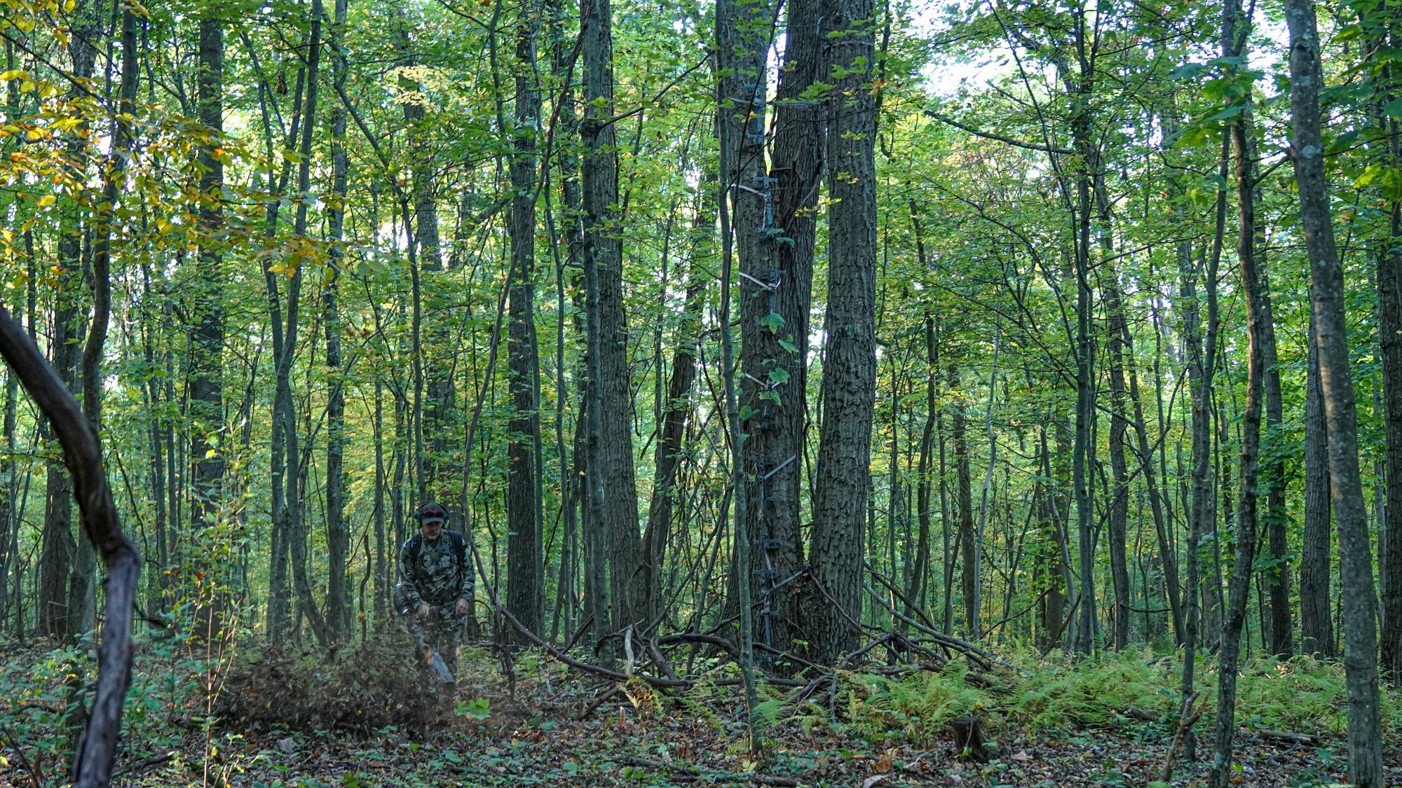 A man in camo blows out a patht o the trees.