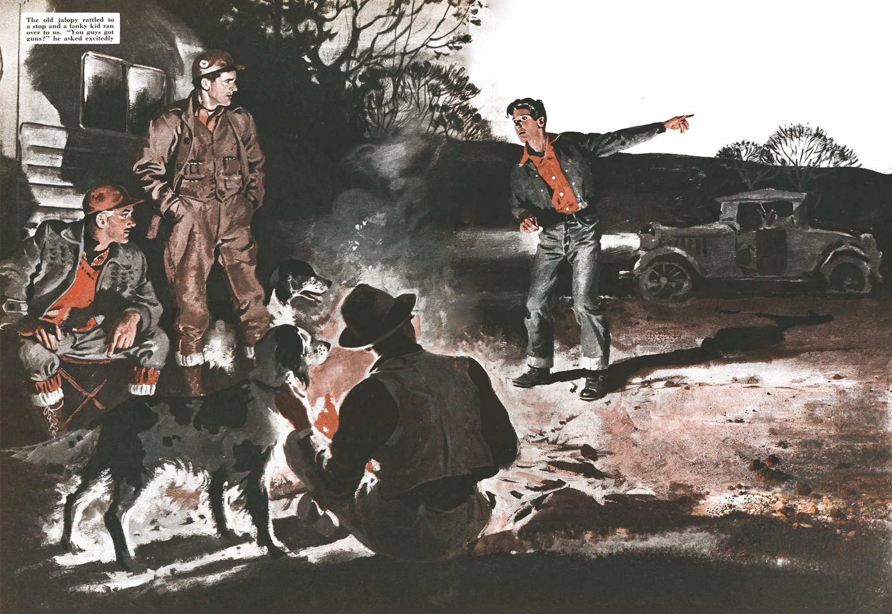 Painted illustration of three hunters gathered at night beside a house trailer and a campfire, one standing and one crouched on a stool, with two English setters in the firelight and a man in a brimmed hat, seen from behind, petting one of the dogs.