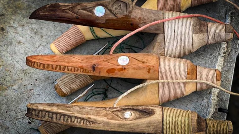 Tlingit fishing hooks, hand-carved for halibut.