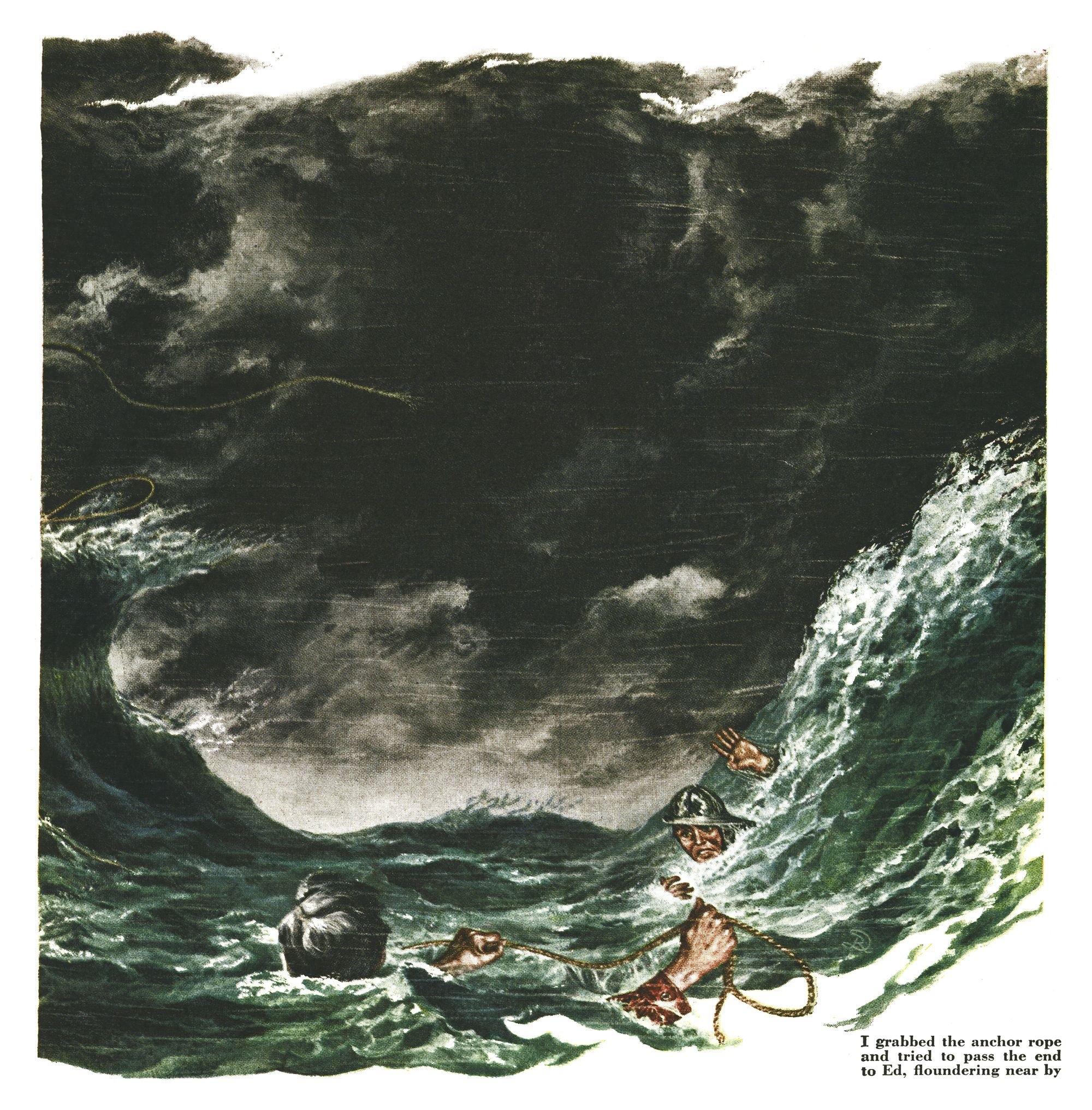 Vintage painting of two men struggling in heaving green seas beneath a dark hurricane sky, one gripping a rope and reaching toward the other as a huge wave curls behind them.