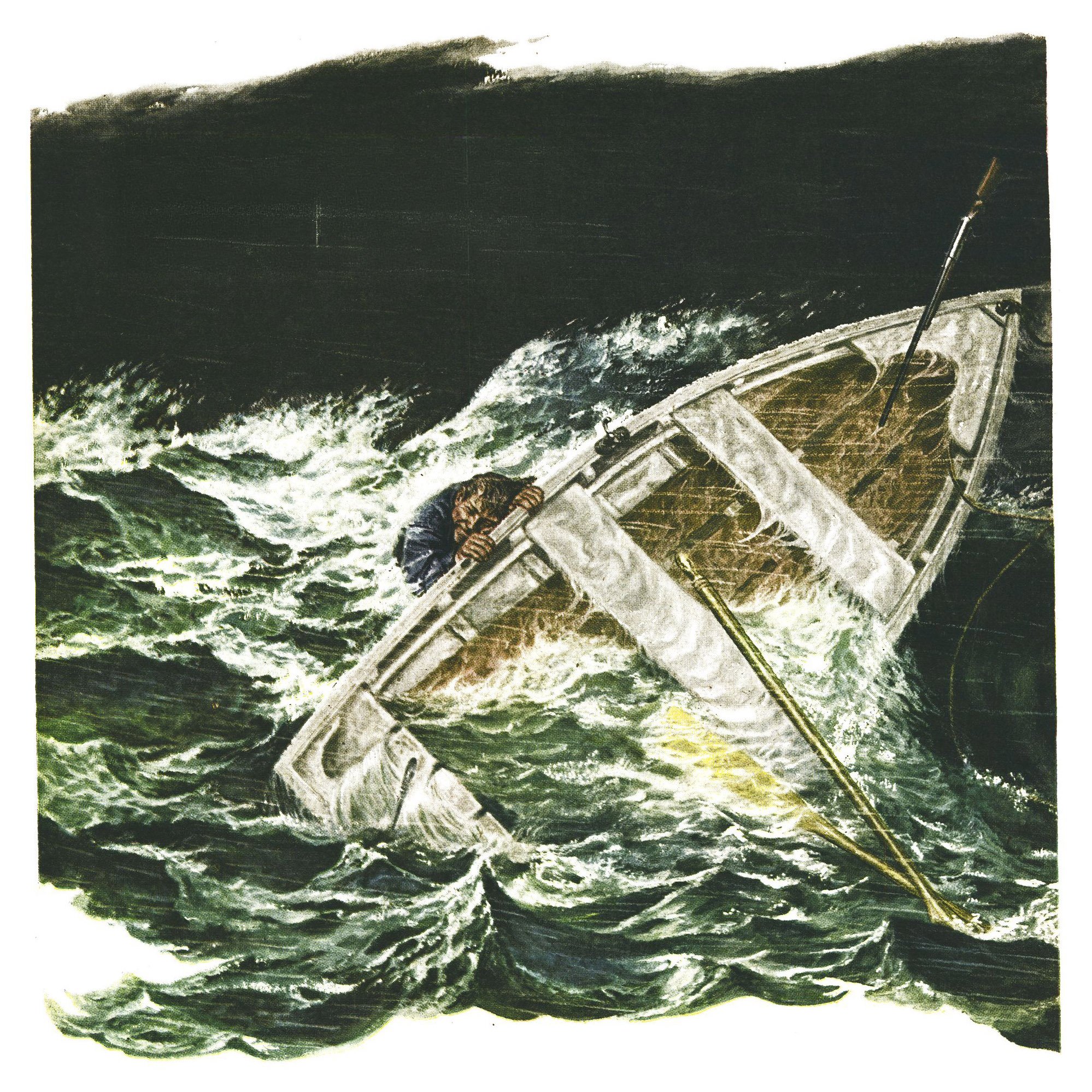 Vintage painting of a white wooden skiff swamped and tipping in towering green storm waves under a black sky, a man clinging to its gunwale, with the title “Hurricane Hunt by Gerald R. Hunter.”