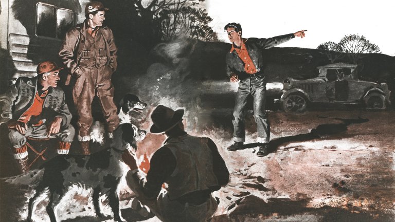 Painted illustration of a lanky teenage boy in an orange shirt and rolled jeans pointing urgently down a dark road at night, with an old 1920s-style jalopy parked behind him.