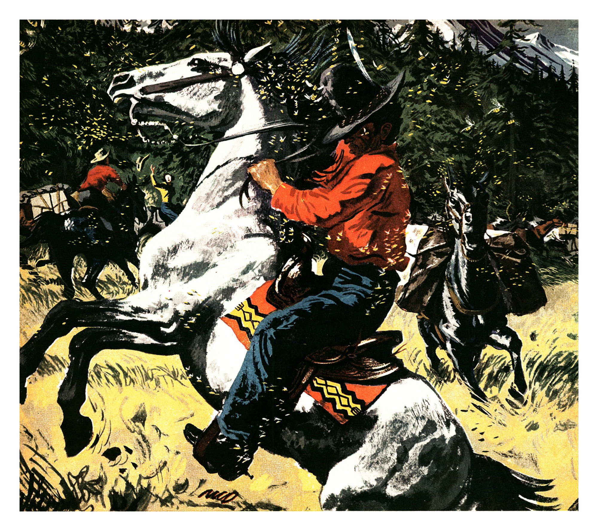 Vintage painting of a rider in a red shirt and black hat fighting to control a rearing white horse as pack horses scatter through a mountain meadow.