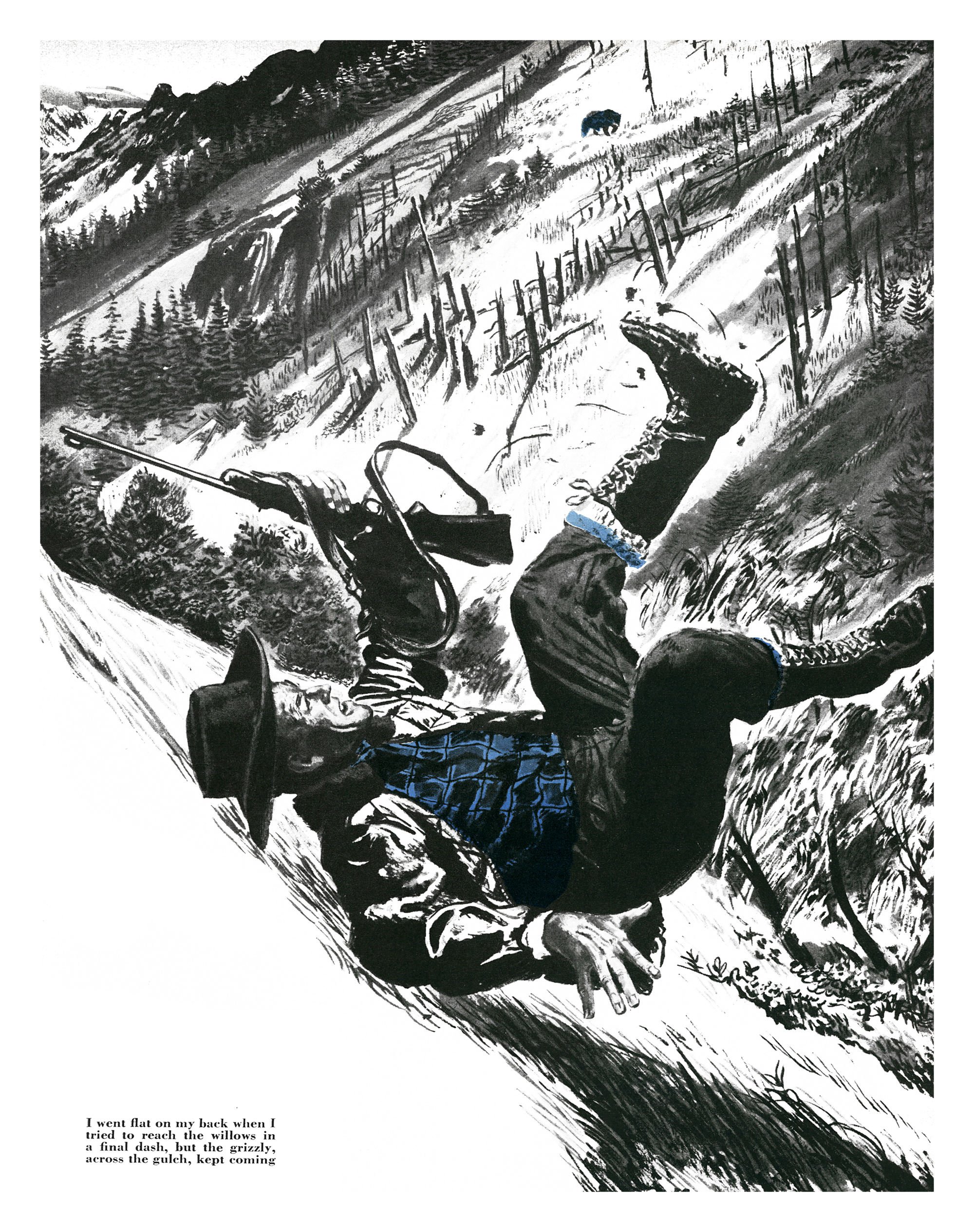 Black-and-white illustration of a hunter falling flat on his back on a steep slope, rifle in the air, as a grizzly bear walks across a burned hillside in the distance.