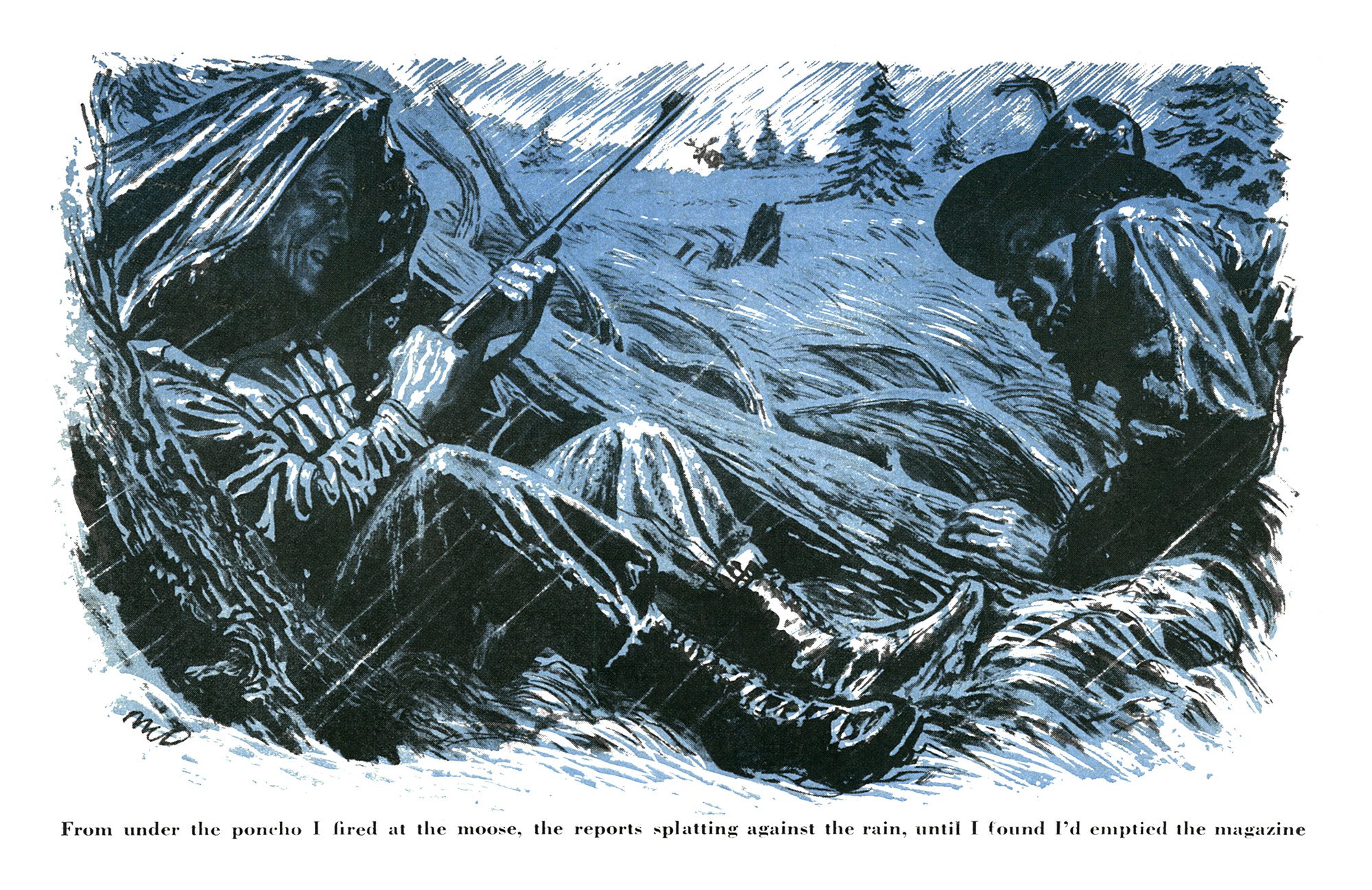 Blue-toned illustration of a hunter wrapped in a poncho, firing a rifle in a driving rainstorm while his guide crouches beside him.