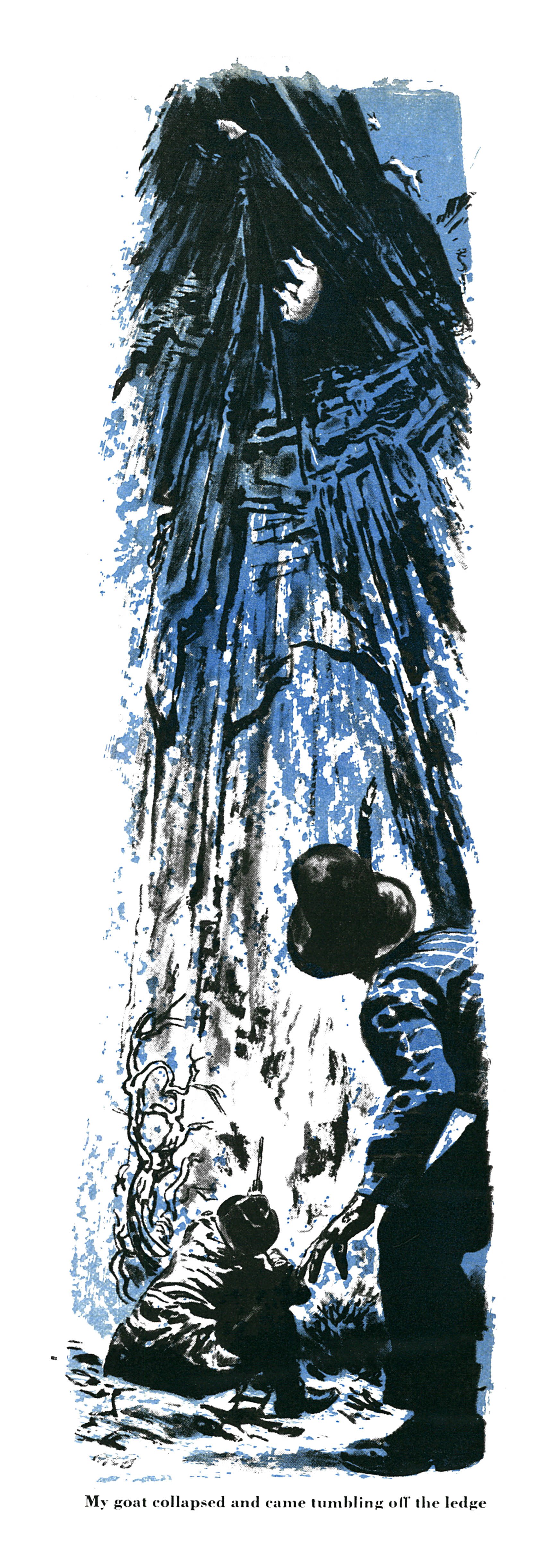Blue-toned illustration of a towering dark cliff with a mountain goat tumbling from a ledge as a hunter and guide watch from below.