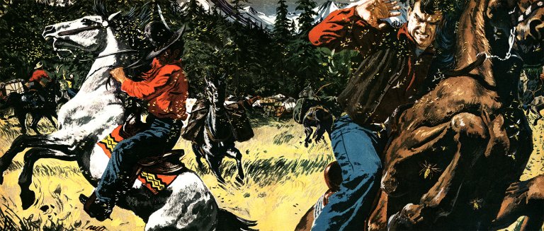 Vintage painting of a rider in a red shirt and black hat fighting to control a rearing white horse as pack horses scatter through a mountain meadow.